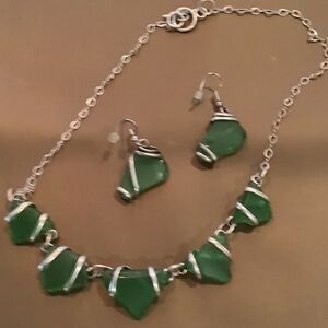 Green Sea Glass Wire-Wrap Necklace & Earring Set
